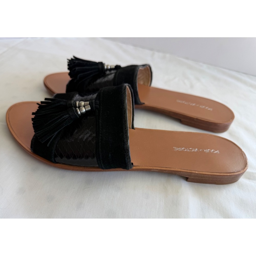 Pour la Victoire Black Suede Snake Embossed Leather Tassel Slide Sandals Women 7